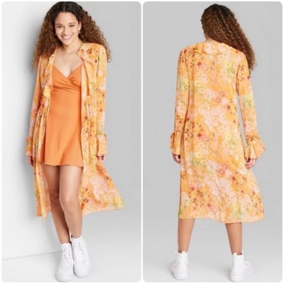 Wild Fable Sheer Orange Floral Duster Size Medium Retro 60s 70s Kimono Cover Up - Picture 1 of 7